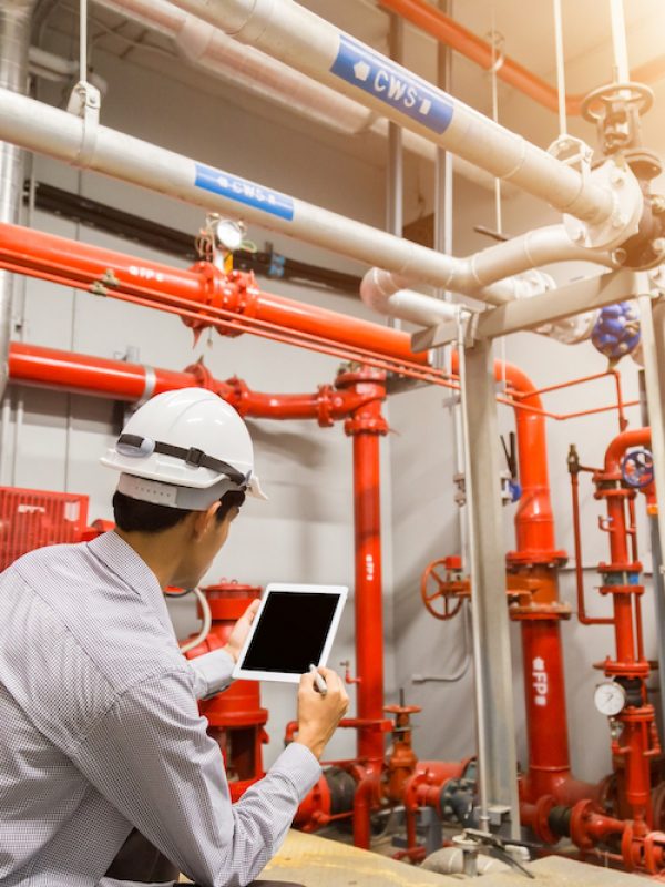 Engineer with tablet check red generator pump for water sprinkler piping and fire alarm control system. Engineer with tablet check red generator pump for water sprinkler piping and fire alarm control system.